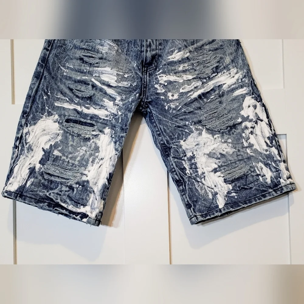 Rocawear Distressed Fading Paint Splattered Denim Blue Jean Shorts Size …